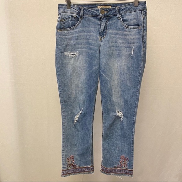 Democracy 6 Slim Straight Flood Jeans Frayed Hem Paisley Embroidered Mid Rise - Picture 11 of 13